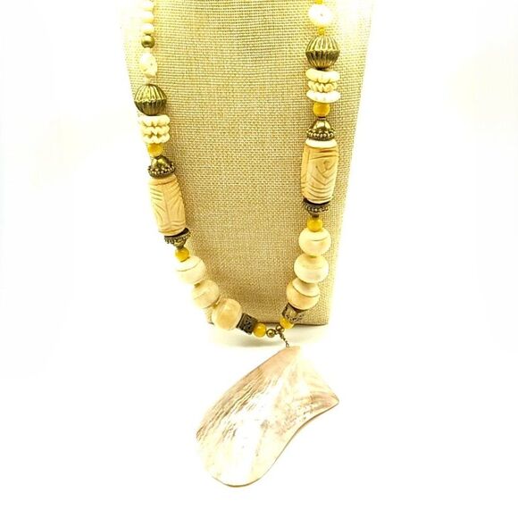Artisan 4" MOP Shell Brass & Faux Bone Statement Necklace - Picture 13 of 15